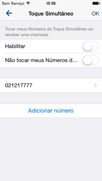 ADICIONAR NÚMERO EM TOQUE SIMULTÂNEO Adicionar número: insira no campo indicado, o número de telefone para o Toque Simultâneo. Tecle OK conforme indicações dos ícones A e B.