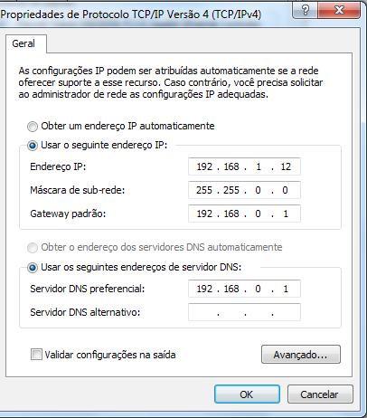 Deixe selecionado as opções Usar o seguinte endereço IP e Usar os seguintes endereços de servidor DNS, e