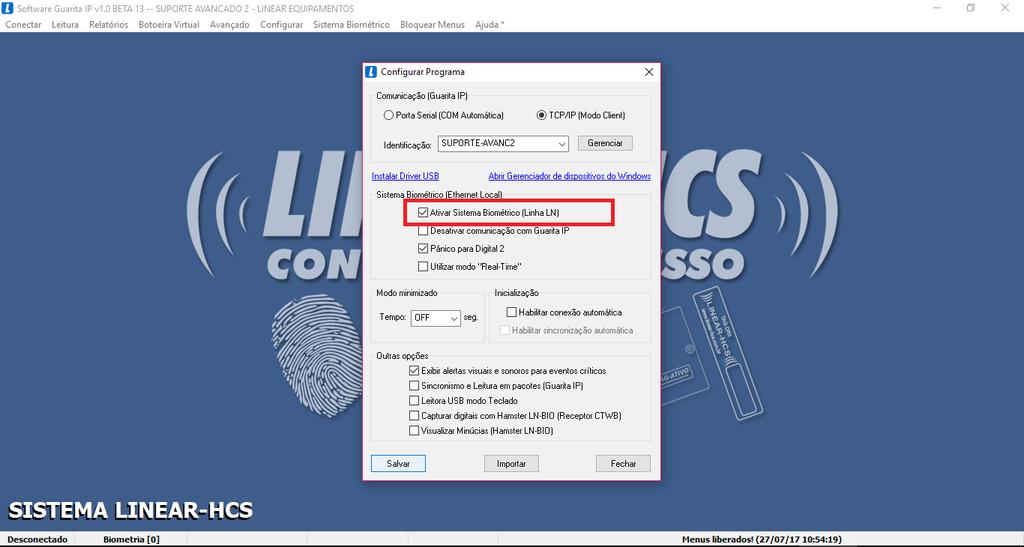 Configure-o de modo a liberar a opção sistema biométrico no menu: Selecione Ativar Sistema Biométrico (Linha LN) e salve a