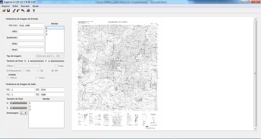 Clique em para abrir o arquivo SF-22-Y-III-1.tif, da pasta C:/Minicurso. Em Parâmetros da Imagem de Entrada, observe que automaticamente aparece que a imagem tem 3510 colunas e 4388 linhas.