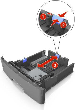 3. Destrave a guia de comprimento. Aperte e deslize as abas da aba da guia de comprimento até a posição correta em relação ao tamanho de papel carregado.