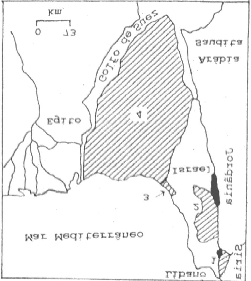 Em 1967,na Guerra dos Seis Dias, Israel conquistou, de G.09 seus vizinhos árabes, as áreas hachuradas assinaladas no mapa por 1, 2, 3 e 4.