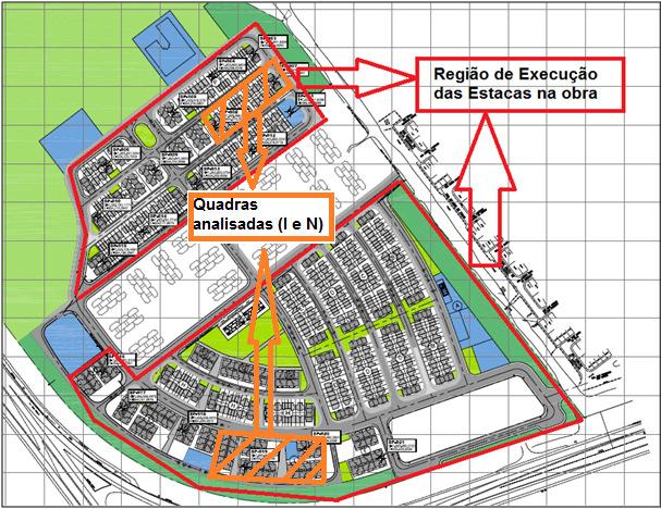 Figura 14 Implantação do empreendimento Em função das sondagens a percussão realizadas na obra, serão realizados iterações pelos diferentes métodos estudados para avaliação da capacidade de carga da