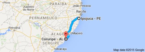 Figura 12 - Mapa representativo da distância entre Maragojipe (BA) e Coruripe (AL) de 524 km.