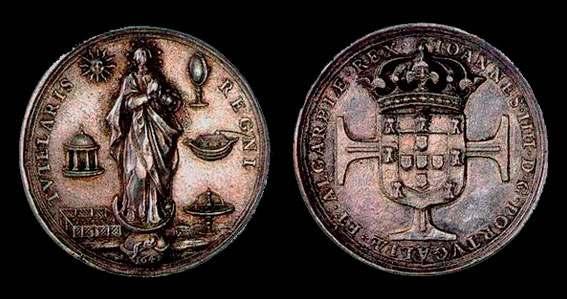 6ª Moeda mais votada CONCEIÇÃO - D. João IV Moeda-medalha mandada cunhar por D. João IV em 1650, para comemorar a adopção que fizera de Nossa Senhora da Conceição como padroeira de Portugal.