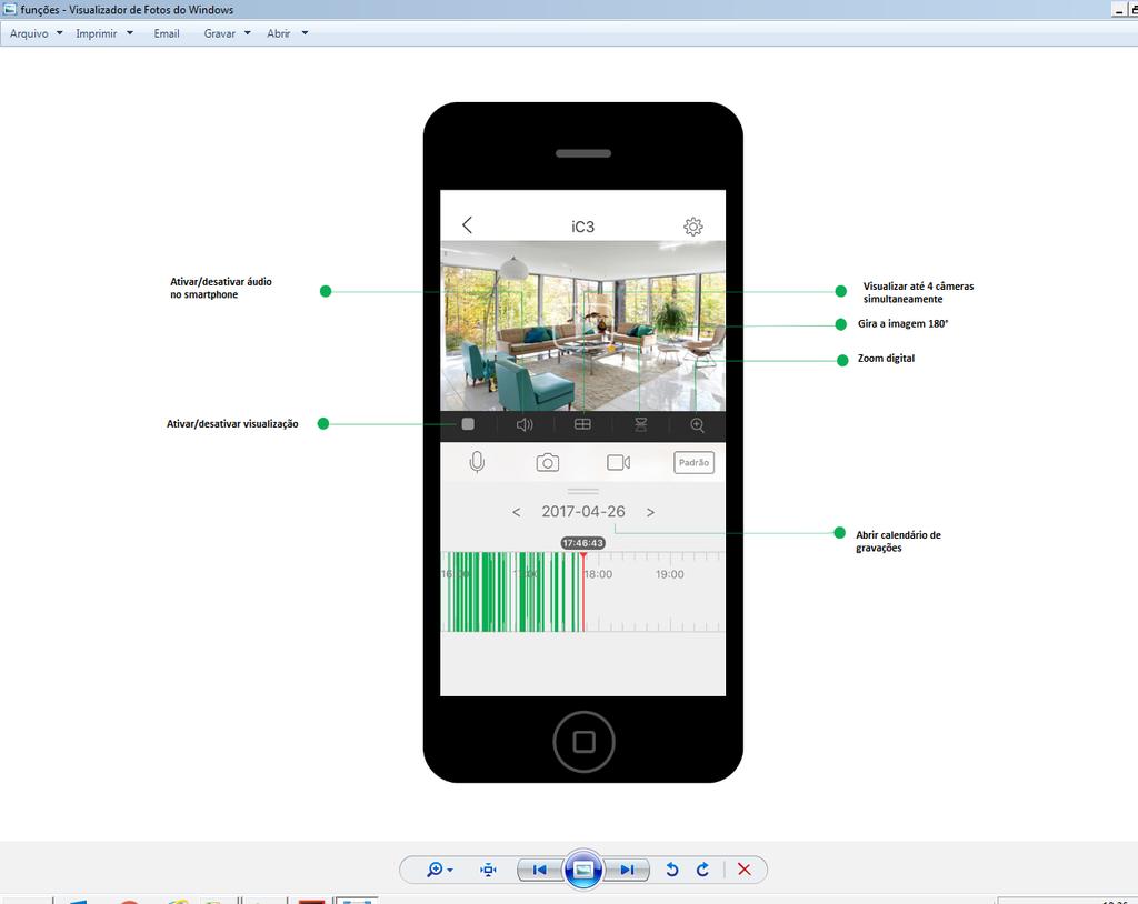 Habilitar/desabilitar áudio no smartphone Habilitar/desabilitar visualização Visualizar até 4 câmeras simultaneamente Gira a imagem 180 Zoom digital Abrir calendário de gravações Descrições dos