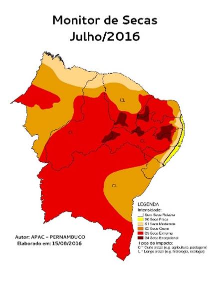 Figura 1: Mapa dos níveis da seca na região Nordeste. Fonte: Agência Pernambucana de Águas e Climas (APAC), 2016.