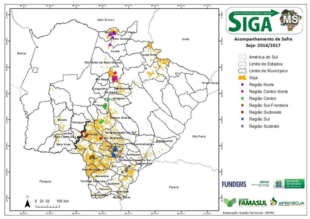 Acompanhamento de Safra Soja-2016/2017 Entre os dias 23 de janeiro e 26 de janeiro foram visitadas propriedades, nos principais municípios produtores do estado, para o acompanhamento de