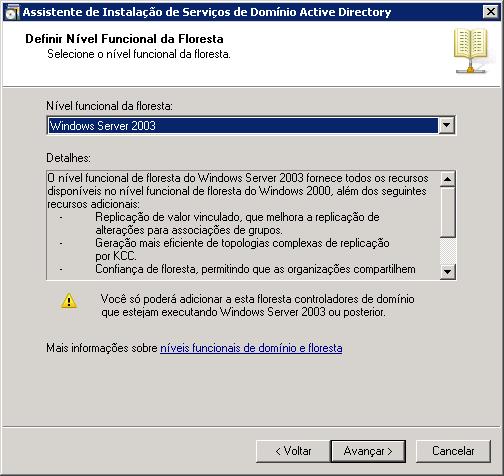 e 21), selecione o nível funcional que acomoda os controladores de domínio a serem instalados em