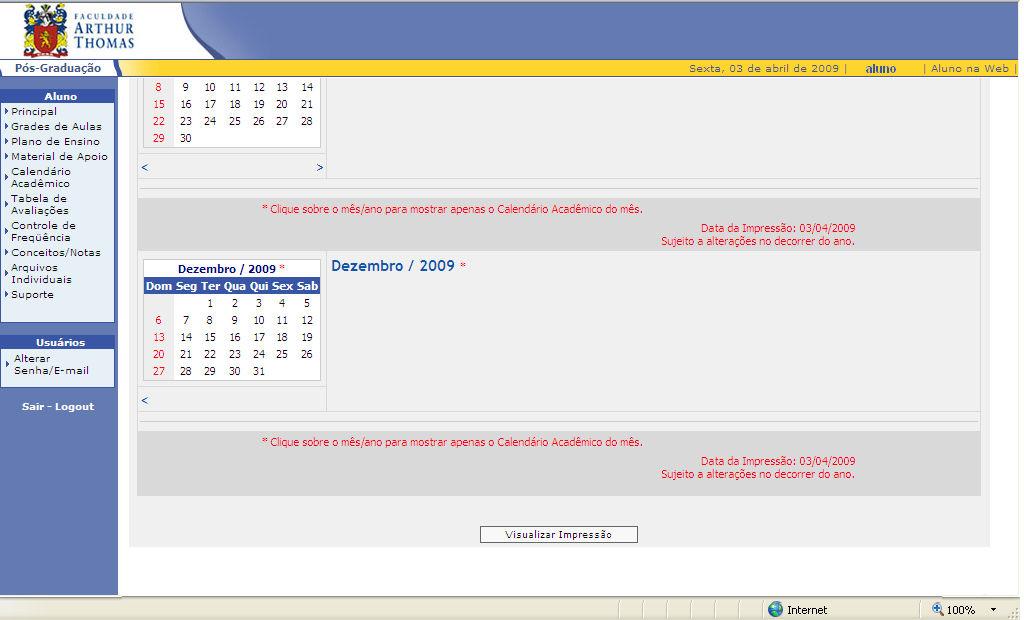 Para imprimir o Calendário Acadêmico, clique em Visualizar