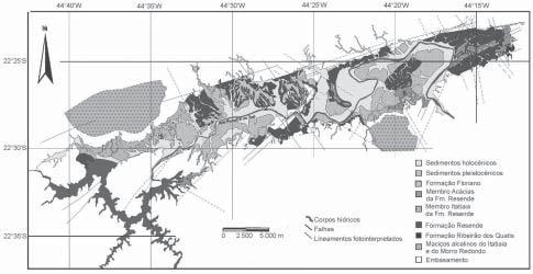 FIGURA 5. Mapa geológico da Bacia de Resende. Os pontos de 1 a 8 correspondem aos afloramentos citados ao longo do texto.