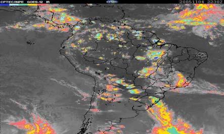 Figura 1 Imagens realçada do satélite GOES-12 para 4/11/25: (a) 19:3TMG e (b) 22:3TMG.