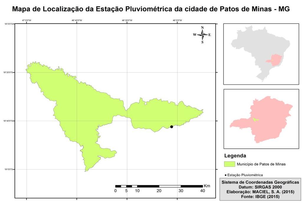 Figura 1 Mapa de localização do município de Patos de Minas - MG e ainda do posicionamento da estação pluviométrica.