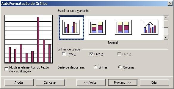 Série de dados: Linhas: se marcado, a legenda aparecerá ao lado do gráfico. Colunas: se marcado, a legenda aparecerá abaixo de cada item. Clique em Próximo.