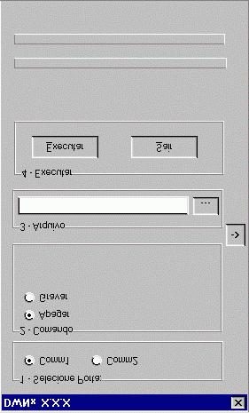 Logo após mostrar a versão, no display do MTY2100 fica exibindo: Aguardando PC 4. Baseado na versão de firmware do MTY2100, no P.C. execute o aplicativo DWNx_2.0.5.EXE ou o DWNx_3.0.1.EXE. Em seguida no P.