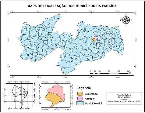 Figura 1: Mapa do Estado da Paraíba destacando os Municípios de Esperença e Remígio Fonte: IBGE, 2010 A escolha dos municípios de Esperança-PB e Remígio-PB se deu pelo