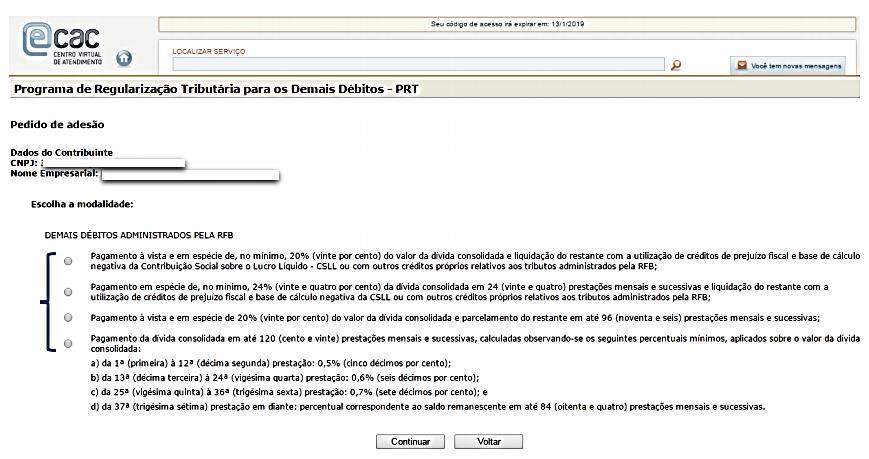 7.1.1) Indicação da modalidade. (Ver página 02) O contribuinte poderá escolher apenas 01 (uma) dentre as 04 (quatro) modalidades Débitos Previdenciários.