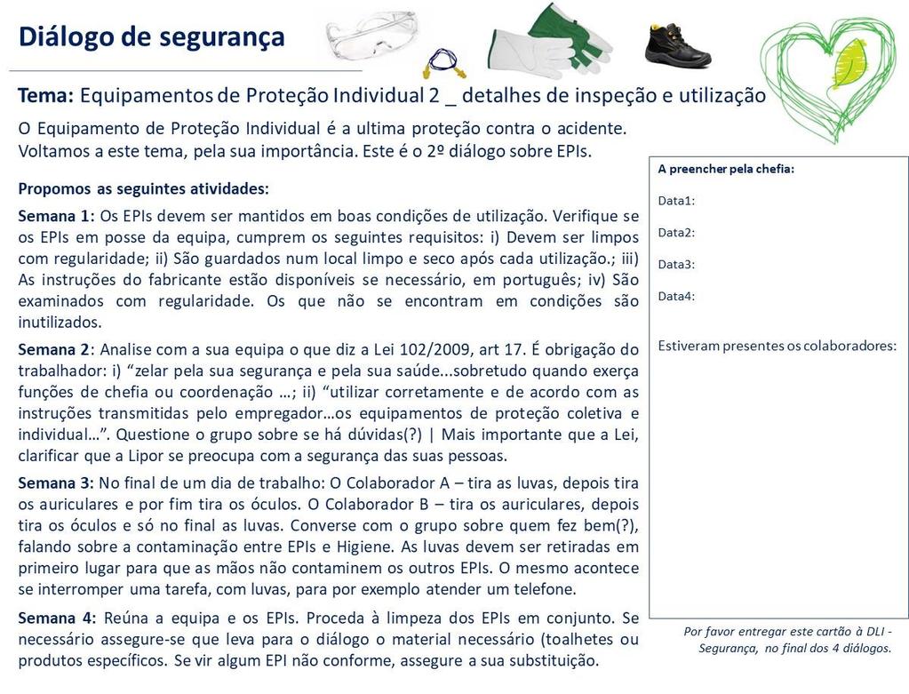 Iniciativa Diálogo de Segurança Foram implementadas várias iniciativas estruturadas: Café em Segurança, Passeio de Segurança, Safety Walk.