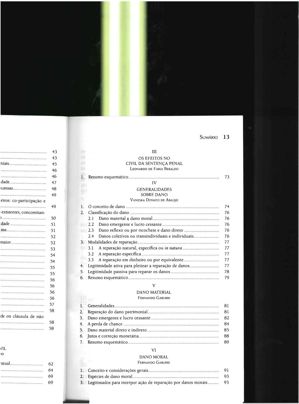 SUMÁRIO 13 III OS EfEITOS NO CIVIL DA SENTENÇA PENAL LEONARDO DE FARIA BERALDO 1 Resumo esquemático 73 IV GENERALIDADES SOBRE DANO VANESKA DONATO DE ARAÚJO 1 O conceito de dano 74 2 Classificação do