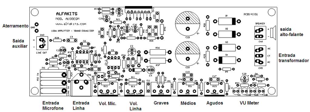 Montagem A placa de circuito impresso é fornecida montada, contém todos os componentes a ela associados para que o amplificador funcione, fornecendo 100W RMS à uma carga de 4 a 8 Ω.