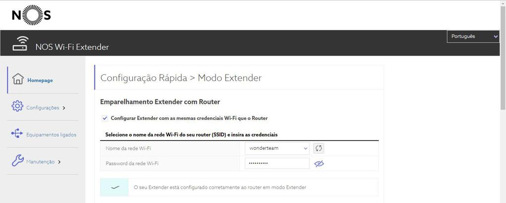 1.2.3. Configuração A página de gestão do extender deverá abrir automaticamente. Caso contrário aceda a: http://extender.