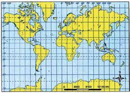 A respeito destas projeções cartográficas é correto afirmar que (A) na projeção de Mercator, os meridianos e os paralelos são linhas retas, que se cortam em ângulos retos,