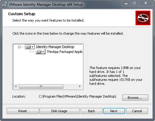Capítulo 1 Usando o VMware Identity Manager Desktop a b Para verificar se você tem espaço suficiente em disco para instalar o aplicativo e os recursos selecionados, clique em Uso do disco.