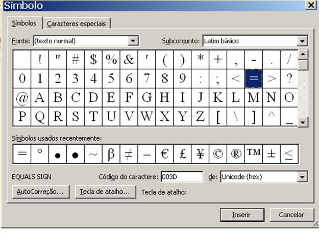 Inserir Símbolos Para inserir sinais