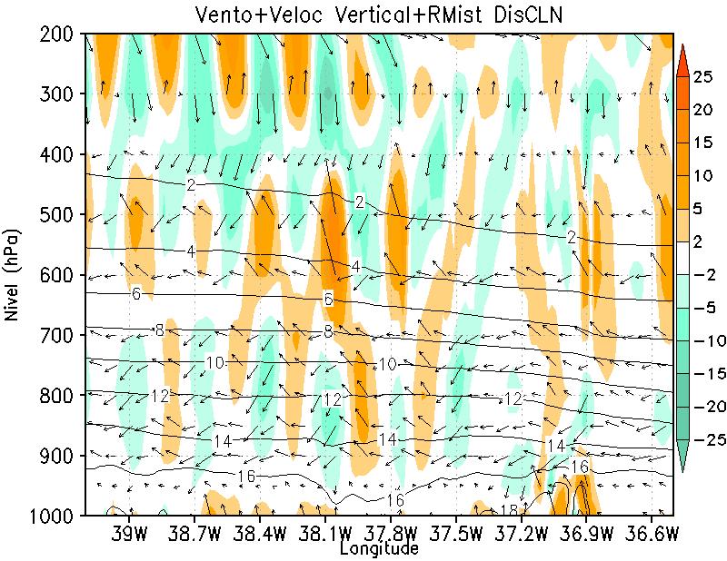 s -1 ), vetores de vento no plano (x,z) e umidade relativa (%); (d) velocidade vertical (sombreado) (2x10-1