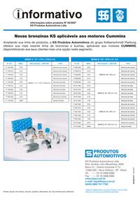 PI 0053 Novas bronzinas KS aplicaveis aos motores Cummins -