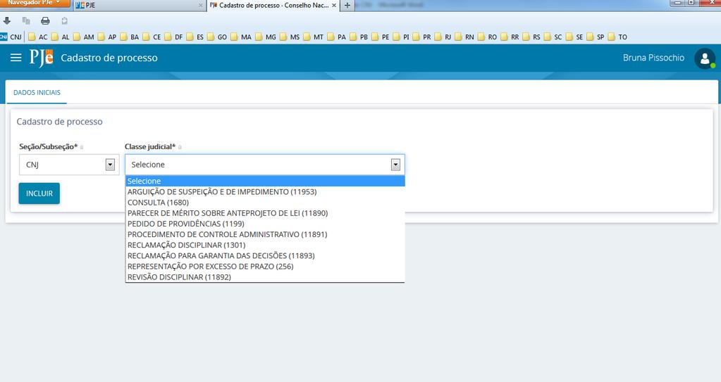 Oitavo Passo: 5 Na tela abaixo, escolha a classe judicial que mais se adéqua à
