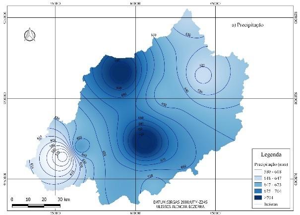 Na Figura 2 é apresentado os mapas de precipitação (a), declividade (b), pedologia (c) e uso/cobertura da terra (d). Figura 2. Mapas de precipitação (a), declividade (b), pedologia (c) e uso/cobertura da terra (d), Fonte (Autor, 2016).