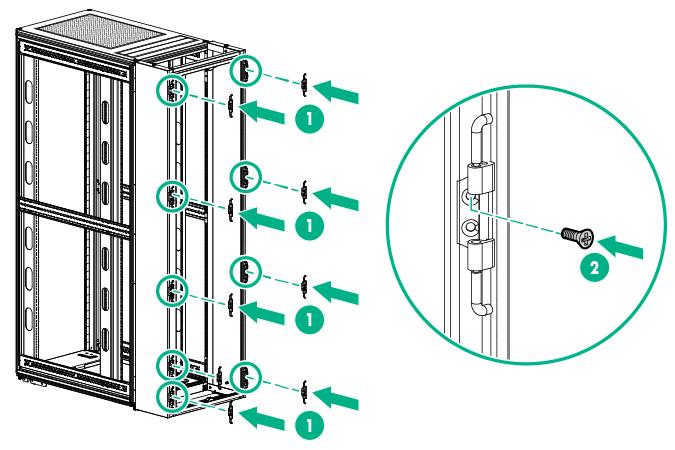 3. Levante as portas traseiras, alinhando-as aos suportes de dobradiça na peça de extensão posterior (1). 4.