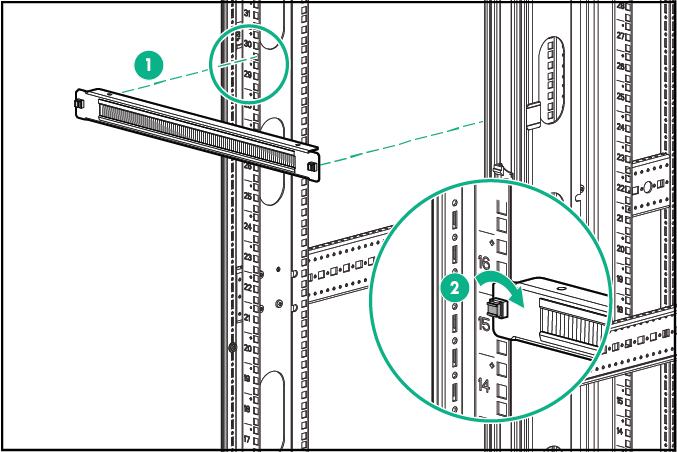 2. Alinhe o suporte para gerenciamento de cabos 1U aos encaixes para parafuso no local desejado do rack (1). 3.