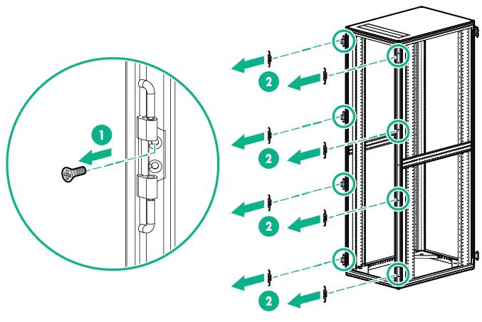 2. Puxe as portas traseiras para fora dos suportes das dobradiças e retire-as do rack (2). 3.