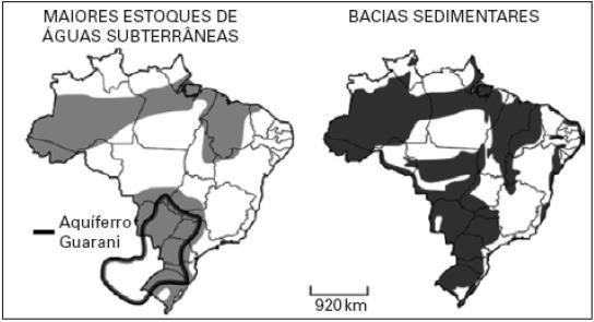 11- (FUVEST 2007) Observe os mapas. Fontes: Rebouças, in Patrimônio Ambiental Brasileiro, 2003 e Simielli, Geoatlas, 2005.