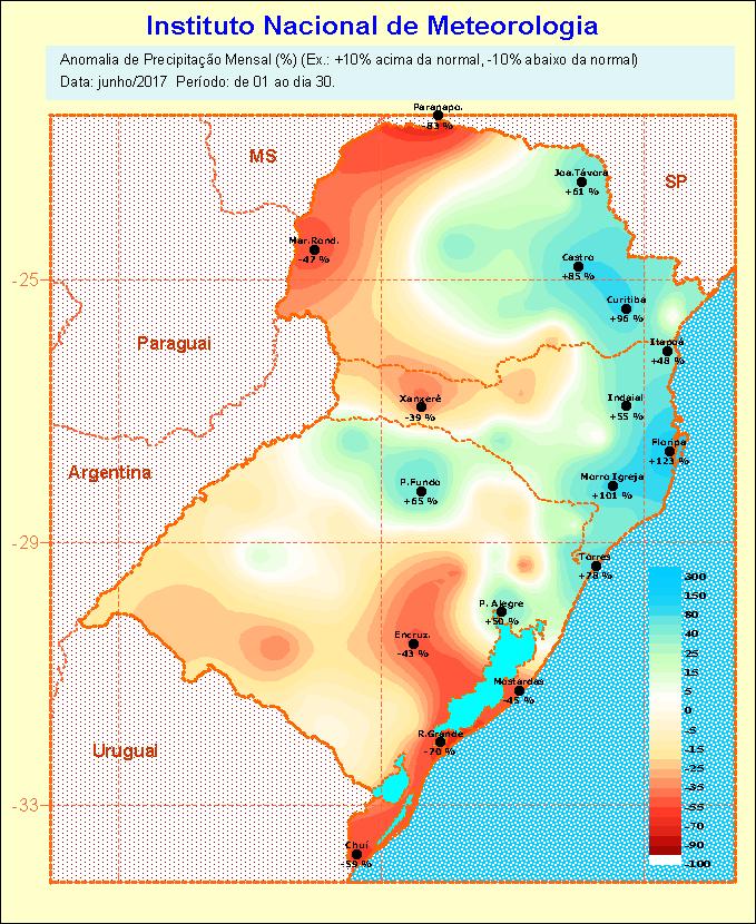 ficaram acima do padrão climatológico no extremo norte, nordeste e região metropolitana de Porto Alegre, nas demais regiões ficaram abaixo do padrão.