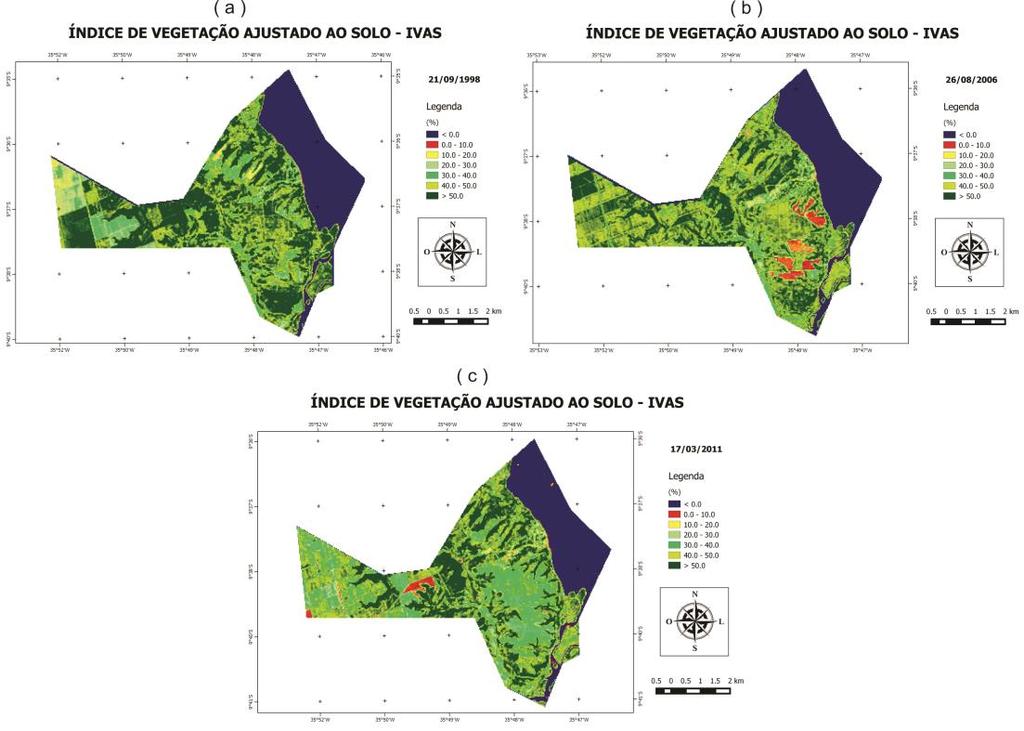 3.2. MAPA TEMÁTICO DO IVAS Nas Figuras 6a, 6b e 6c, os resultados do IVAS encontrados foram entre os intervalos (- 0,0 50,0%), com médios de (20 30%) nos anos de estudo (21/09/1998; 26/08/2006 e