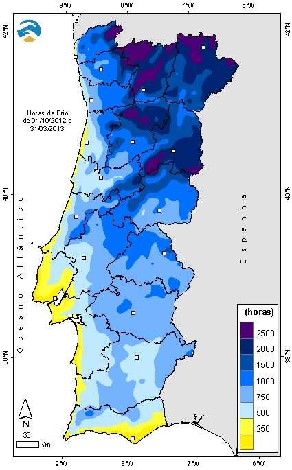 Quadro III - Número de horas de frio entre 01 de outubro 2012 e 31 março de 2013 Distrito Valor sede distrito Bragança 2198 V. Castelo 680 Braga 1096 Vila Real 1719 Porto/P.