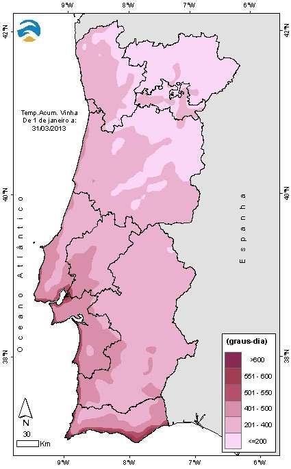 3.2 Temperaturas acumuladas para a cultura da Vinha Na Figura 9 apresenta-se a distribuição espacial da temperatura acumulada para a vinha entre 01 de janeiro e 31 de março de 2013, para Portugal