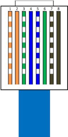 Ambas as extremidades do cabo são iguais: Pino 1: Laranja/Branco; Pino 2: Laranja; Pino 3: Verde/Branco; Pino 4: Azul; Pino 5: Azul/Branco; Pino 6: Verde; Pino 7: Marrom/Branco; Pino 8: Marrom.