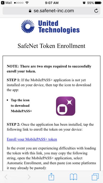 Registro do software do token: SafeNet MobilePASS+ para Apple ios Etapa 1: Abra o e-mail de autorregistro a. Abra o e-mail de autorregistro no seu dispositivo Apple ios.