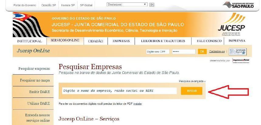 a) Na página inicial do site da Junta Comercial, informar o nome ou razão social da empresa no campo apropriado e clicar no botão