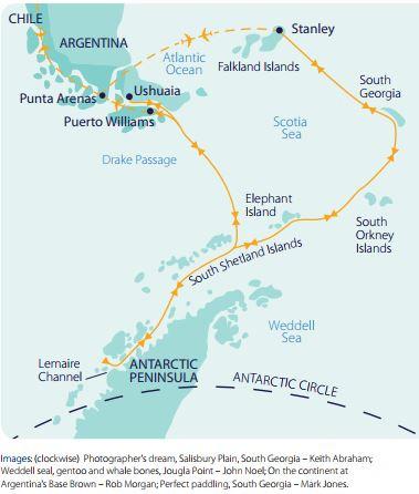 Á medida que nos aproximamos de nosso desembarque nas Ilhas de Shetland Sul, poderemos avistar icebergs, pinguins e muito mais. DIAS 4-7 A costa oeste da Península Antártica é nossa para explorar!