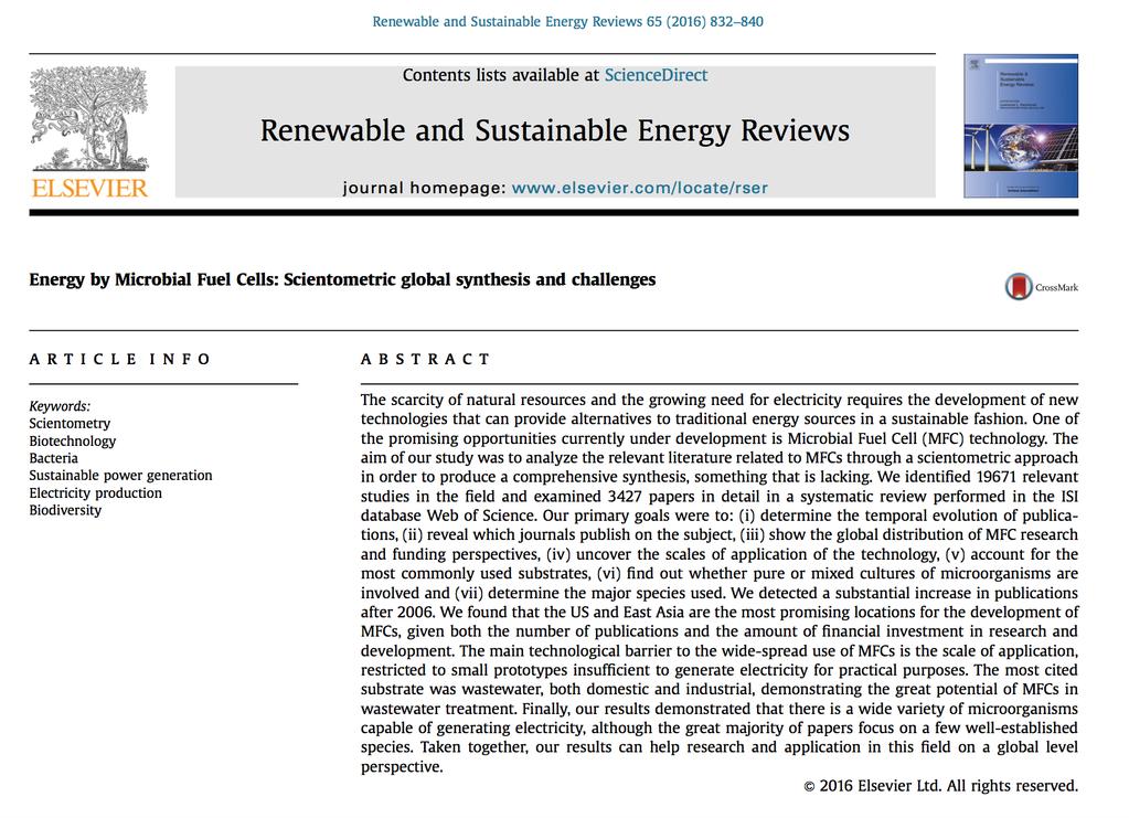 Artigos exemplo: Trabalho 31 Mercuri, Emílio Graciliano Ferreira, et al. "Energy by Microbial Fuel Cells: Scientometric global synthesis and challenges.