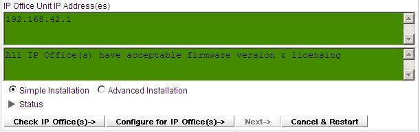 Instalação: Configuração inicial de servidor 12.Insira os endereços no formulário e selecione Verificar IP Office(s).