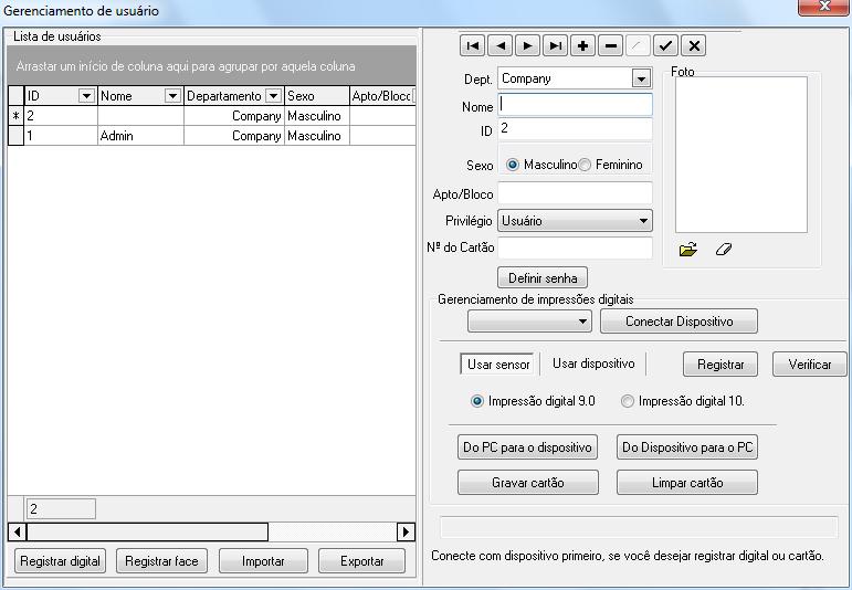 3.2 Registrar um Usuário e um Cartão ID 1) Registrando um usuário: Na janela principal do Software de Controle de Acesso, clique no botão