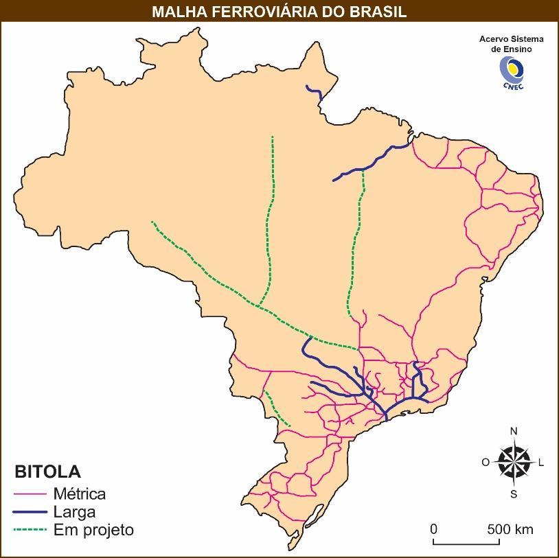 Observe o mapa para responder à questão. De acordo com esse mapa, a malha ferroviária brasileira a) integra todo o território nacional.