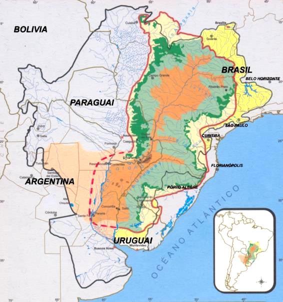 Área de Ocorrência do Sistema Aquífero Integrado Guarani/Serra Geral, no contexto da Bacia do Prata: Área Total do S. Aquífero Guarani: 1.100.
