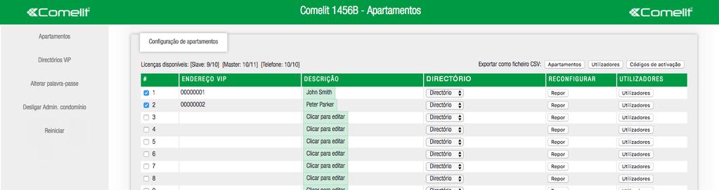 4) Gerir e configurar apartamentos Na página Apartamentos é possível activar/desactivar um apartamento e modificar as configurações.